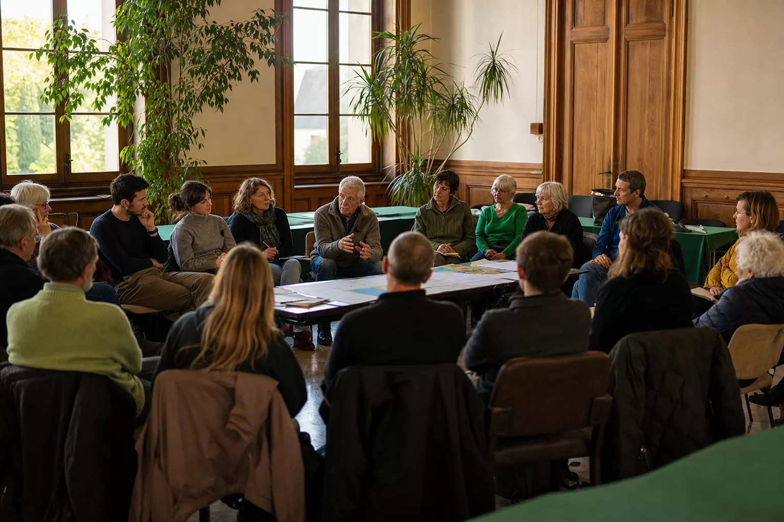 Citoyens réunis en assemblée locale autour d'enjeux environnementaux